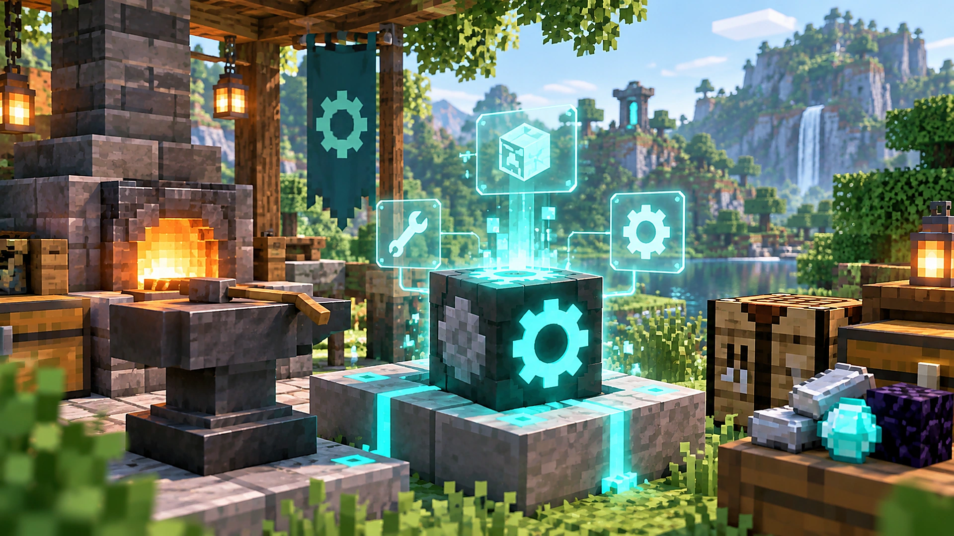 CoroUtil Mod core utility portal in a Minecraft-inspired landscape